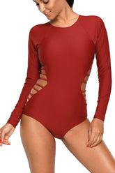 Red Long Sleeve Strappy Hollow-out One-piece Surf Swimsuit